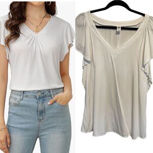 Old Navy- Women’s White V-Neck Summer Petal Cap Sleeve Casual Blouse, Size Large